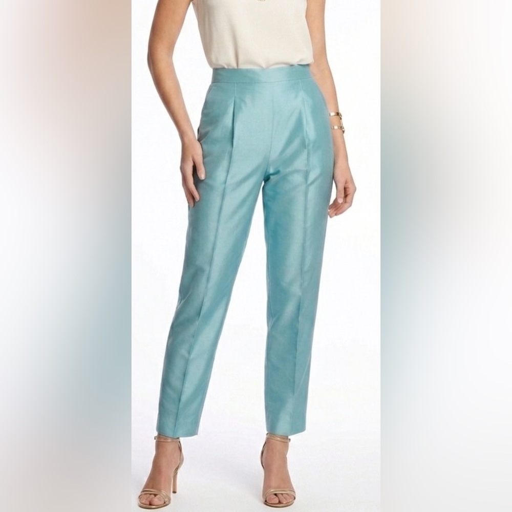 Turquoise 100% Silk Satin Classic Tailored Pants sz 10